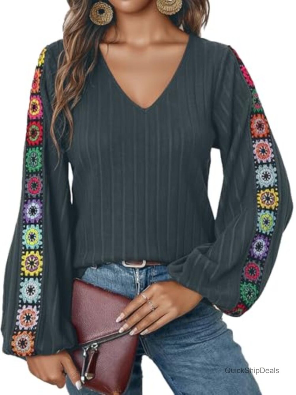 Flamingals Womens Floral Embroidery V Neck Long Sleeve Lantern Sleeve Blouse